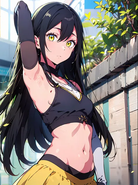 1girl, (solo:1.2), ((masterpiece)), slim, small chest, pale skin, ((detailed eyes)), (bokeh effect), (dynamic angle), dynamic pose, yellow eyes, armpits, black hair, long hair, (white crop top), (long skirt), (elbow gloves), kabukicho