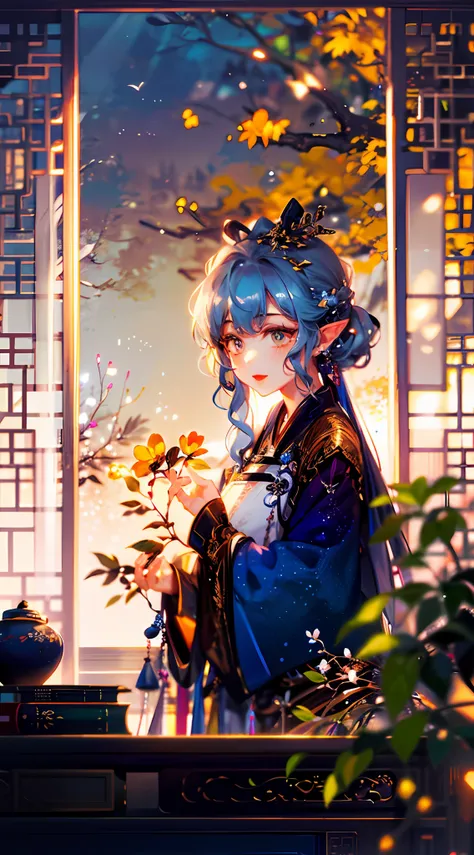 tmasterpiece，Need，extremely higly detailed，Background of details，Detal Face，1girll，Solo，[Light blue hair|Blue hair|White hair]，[White eyes|eBlue eyes]，Round ears，Blushlush，[hair straight|wavey hair] ，（messy  hair，voluminous hair，long whitr hair：1.1），scenec...
