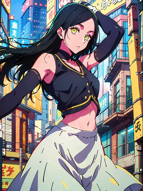 1girl, (solo:1.2), ((masterpiece)), slim, small chest, pale skin, ((detailed eyes)), (bokeh effect), (dynamic angle), dynamic pose, yellow eyes, armpits, black hair, long hair, (white crop top), (long skirt:1.3), (elbow gloves), kabukicho