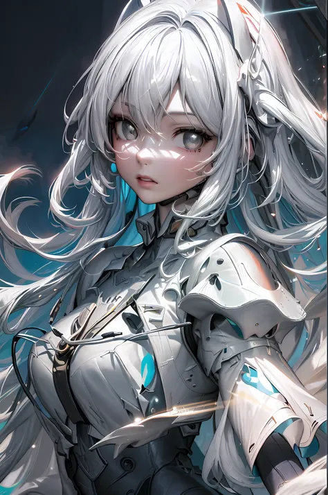 anime girl with long white hair and blue eyes in a white dress, cyborg - girl with silver hair, detailed digital anime art, tren...