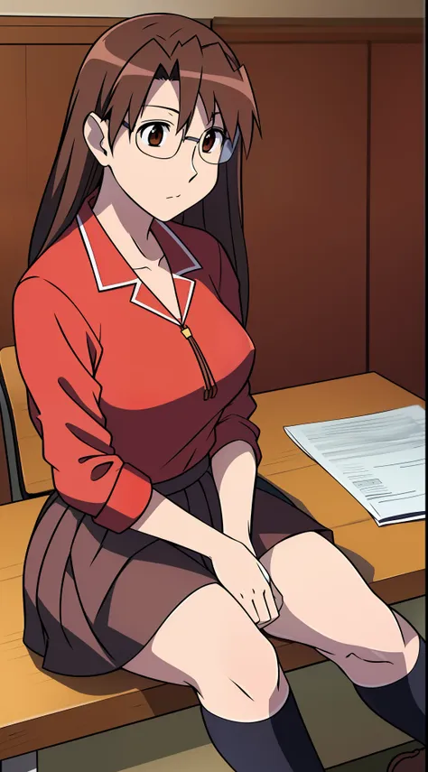 koyomi mizuhara, brown hair, long hair, glasses, seifuku outfit, red shirt, brown skirt, black socks, breasts, brown shoes, tuck...