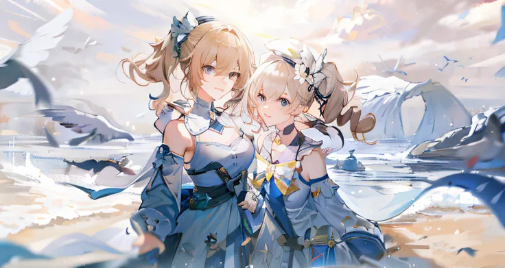 Anime image of two women in blue dresses standing in front of a flock of birds, A scene from the《azur lane》videogame, 《azur lane》role, from girls frontline, azur lane style, WLOP and Sakimichan, two beautiful anime girls, trending on artstation pixiv, fate...