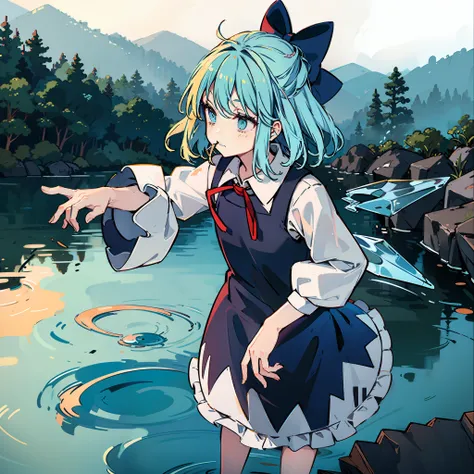 masutepiece, Fine detail, 4K, 8K, 12K, Solo, 1 person, Beautiful Girl, caucasian female, Cirno、Light blue hair、Blue ribbon、Short bite、Blue dress、white long sleeves、Spreading sleeves、lake、foggy