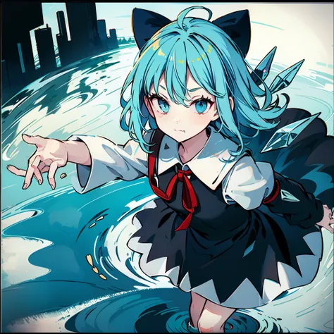 masutepiece, Fine detail, 4K, 8K, 12K, Solo, 1 person, Beautiful Girl, caucasian female, Cirno、Light blue hair、Blue ribbon、Short bite、Blue dress、white long sleeves、Spreading sleeves、lake、foggy