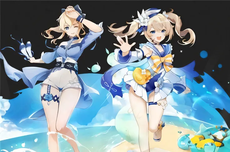 Two anime girls in short skirts and short skirts standing on the beach, A scene from the《azur lane》videogame, 《azur lane》role, azur lane style, Splash art anime Loli, Kantai collection style, girls frontline style, hololive, from girls frontline, Fine deta...