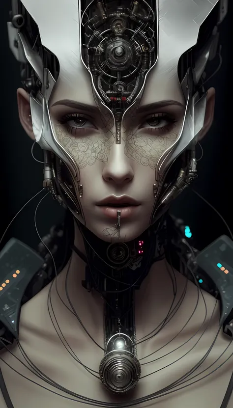 a closeup of a woman with a futuristic hat and a necklace, (cyberpunk) elven robot queen, retrato de uma rainha ciborgue, ciborg...