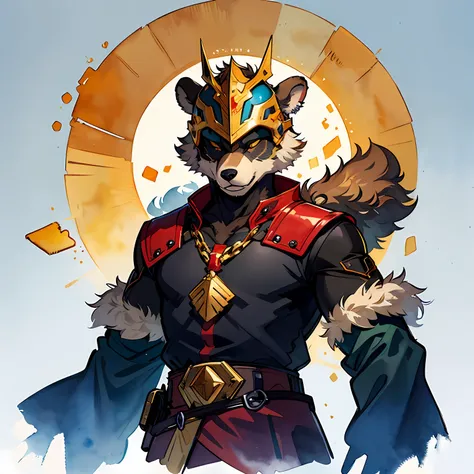 akaviri potentate bear cub, dark brown fur, golden gladiator-like helm with a red crest, tan fur coller, golden disk pendint, ma...