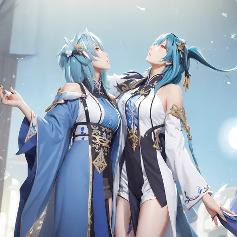 female blue hair shangxian crumbs quadratic radiating looking up blue taoist robe bare shoulder q moe