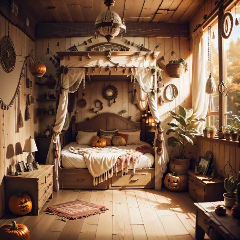 near bed,Halloween decorated house,Room with bed,There is a white wooden floor next to the bed,There is pumpkin decoration,Spider decoration,Vivid details,Photographic pictures,Nordic style,country style,White wooden floors,There are spiders on the ground ...