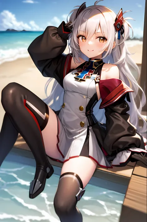 tmasterpiece，a high resolution，best qualtiy，1girl solo，prince eugen，ssmile，komono，beachside