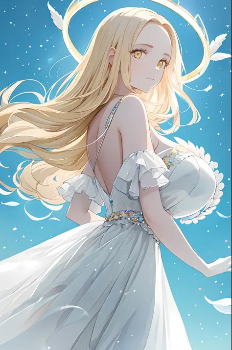 best quality (ultra detailed illustration:1.4) of (awesome beautiful girl:1.2) look back, (clear skin moe face:1.3), (detailed gold eyes, elegant long eyelashes:1.2), (detailed long neon colored straight blonde hair:1.2) floating, (forehead:1.2), closed mo...