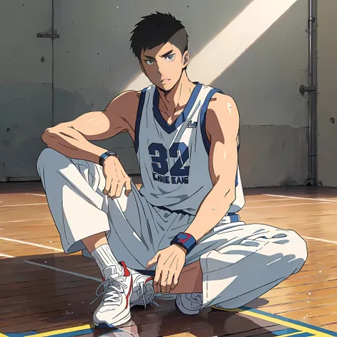 anime characters sitting on basketball courts，feet crossed, official anime still, scence of slam dunk, kentaro miura art style, ...