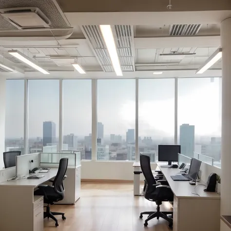 (best quality)beautiful(blurred background) of a light modern office interior with(panoramic windows) and(the most beautiful lig...