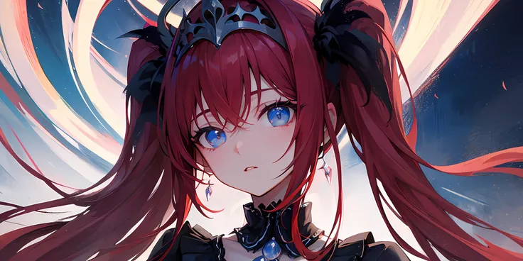 goth loli,dual horsetail,Crown tiara,Collar,Pride,Individual performances,long whitr hair,High quality CG quality,Many details are exquisitely presented,Beautiful girl with red hair with blue eyes,Instantaneous and dynamic close-up scenes;The dark Gothic b...
