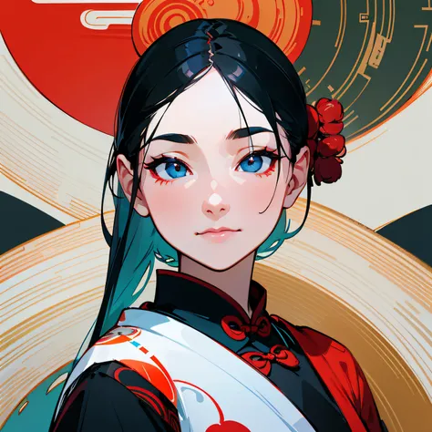 black hair, hair bobbles, wince, longeyelashes, solid circle eyes, light smile, ear blush, girl, multicolored hair, Surrealism, drop shadow, anaglyph, stereogram, tachi-e, pov, atmospheric perspective, chinese paintings, Ink wind, 8k, super detail, ccurate...