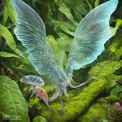 Leathery slippery creature with four wings. Wings transparent, four eyes, long narrow muzzle, with a long thin tongue. Slim, transparent body, jellyfish body, green-blue, (he sits on a branch in the jungle and watches from hiding),hiding in the leaves in a...