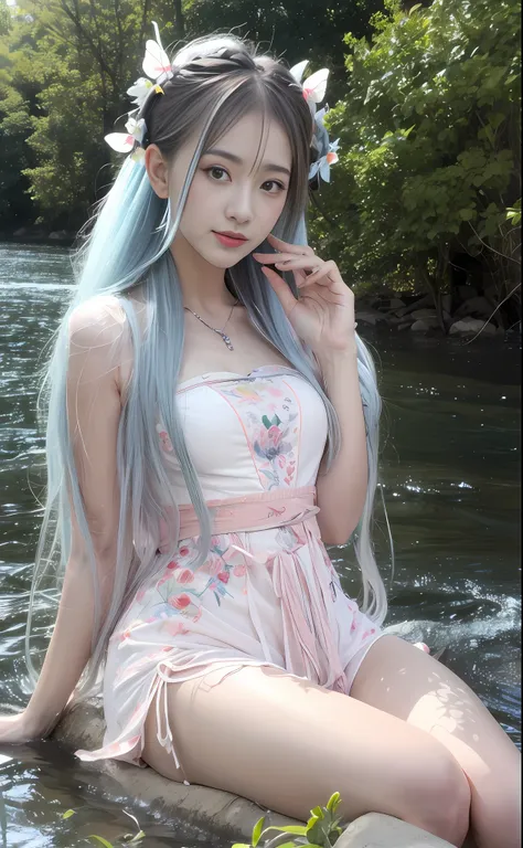 ((Masterpiece))), (Best Quality)), (Ultra Detailed), (Illustration), (Very Tasty and Beautiful), Dynamic, Floating, (Beautiful), (Light of Detail) 1 Girl, Pointy, Long Hair, Water, Solo, Elf, Seated, Half, White Hair, Chain, Green Eyes, Toeless Legs, Baref...