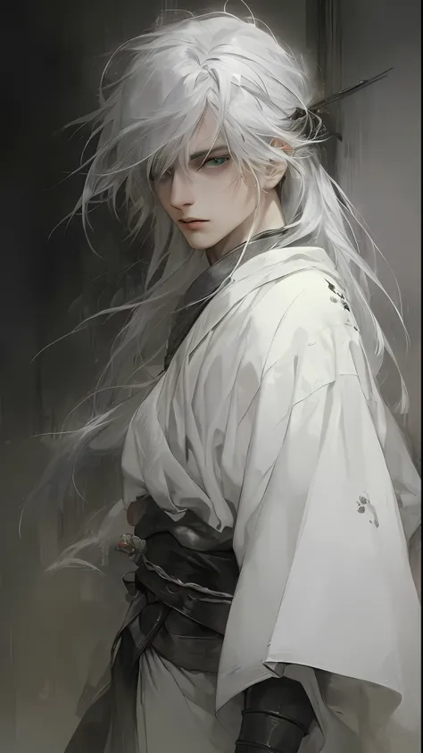 a close up of a person with a white hair and a sword，white-haired god，long  white hair，long white hair，guviz-style artwork，white...