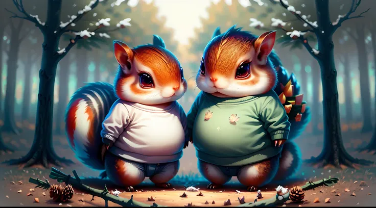 masterpiece, best quality, 8k, colorful, photorealistic, hdr, high detail, wallpaper, squirrels wearing a sweater, pinecones, tr...