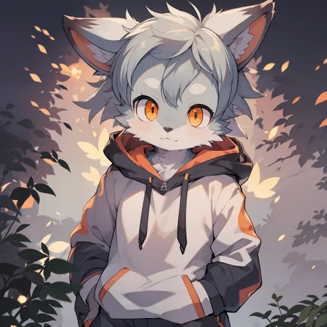 shota,furry,cute,lovely,navy blue fur,white ears,orange eyes,hoodie,gray shorts,cold lights,night,fantastic shadow light