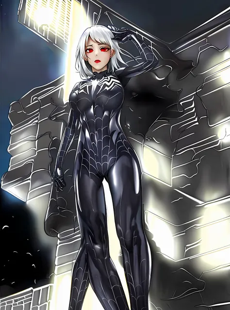 symbiote，kizi，white hair，red eyes（wear female spider-man，in front of the sky，（black and white：1.3） the night,