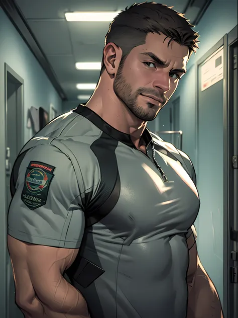 1 man, solo, 35 year old, chris redfield, wearing grey t shirt, smirks, green color on the shoulder and a bsaa logo on the shoul...