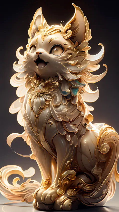 in the shape of a cat，bling background，dreamy colors，transparent statue，florals，big eyes，golden colored，open-mouthed，laughingly，...