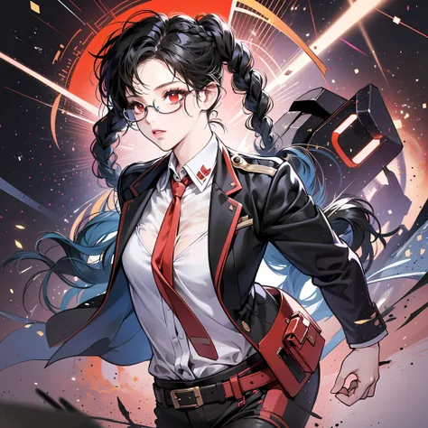 1girll,Black color hair,Twist braids,Qi bangs,red pupils,Round glasses,beauitful face,crisp breasts,Convex buttocks,in a white shirt,red necktie,Black suit,White heels,There are floating missile-launching weapons on the sides of the body,sci-fy,cyber punk ...