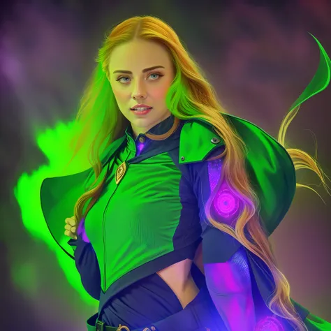 Mulher Arafed em um traje verde com uma capa verde e uma capa roxa, maya ali as a lightning mage, maya ali as a cyber sorceress, Maya Ali como uma feiticeira da tempestade, lente brilhante flare wraith menina, Aura brilhante ao seu redor, com um manto verd...