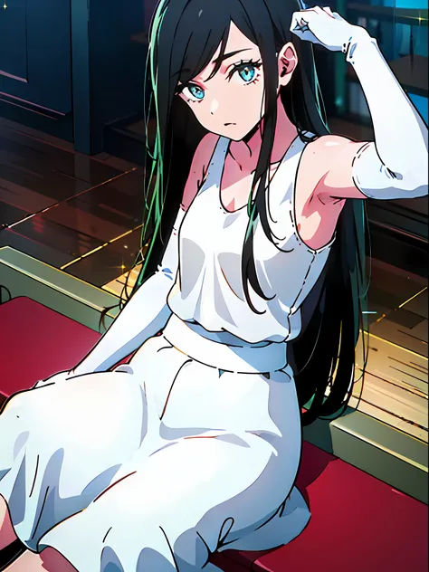 1girl, (solo:1.2), ((masterpiece)), slim, small chest, pale skin, ((detailed eyes)), (bokeh effect), (dynamic angle), armpits, black hair, long hair, (white tanktop:1.6), (long skirt:1.3), (elbow gloves), sitting, interior
