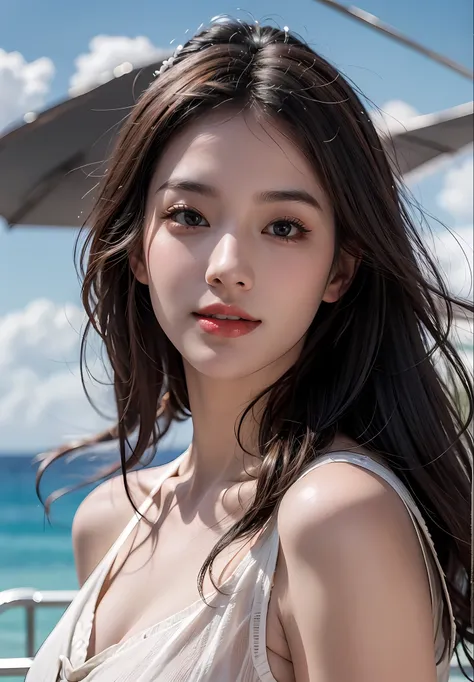 Best quality,Masterpiece,超高分辨率,(Photorealistic:1.4),(1girll:1.3),exteriors,beachside,the sea,Facing the sea,Face the camera,ssmile,On cruise ships,(full bodyesbian:1.5),1 girl,wavy and long hair,Girls all over,Open chest,vests, Dusk,Bright,The sky is blue,...