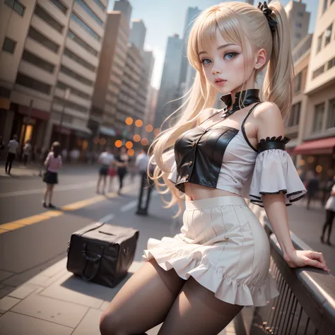 1girl, beautiful girl, cute little girl, fullbody, super detailed face, blur background, city street, translucent white short skirt, Pigtail, stand, Hand on the railing