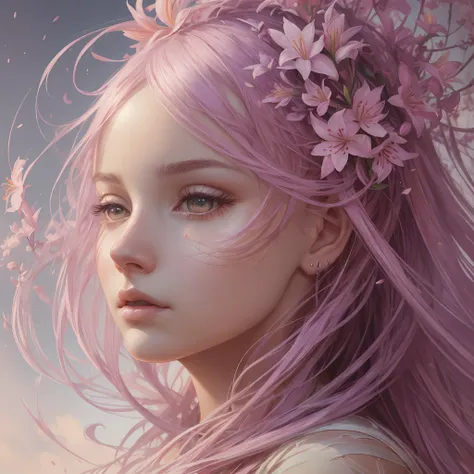 gear 00d, beautuful women, long hair, a pink-haired, hairaccessories, floating hair, flower, detail portrayal、masterpiece、ultra-...