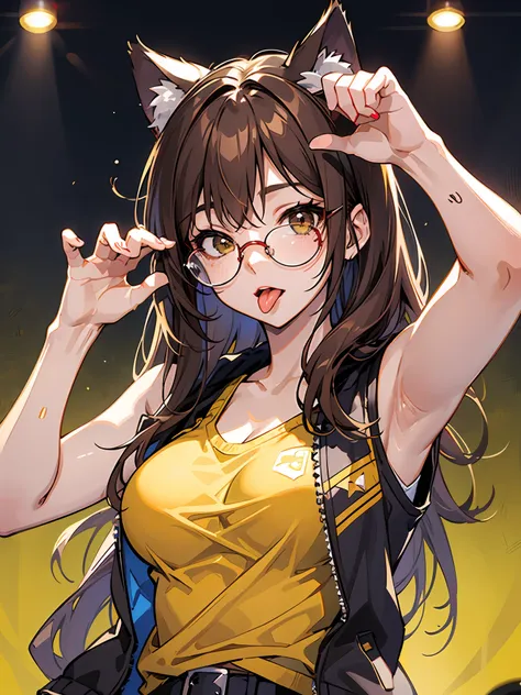 （（（1girll））），cat ears，raise both hands，brown hair long，vests，jaket，cropped shoulders，cowboy lens，eye glass，medium boob，yellow ba...