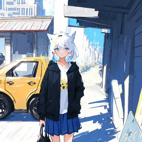 elementary student，female pervert，white hair，cat ear，