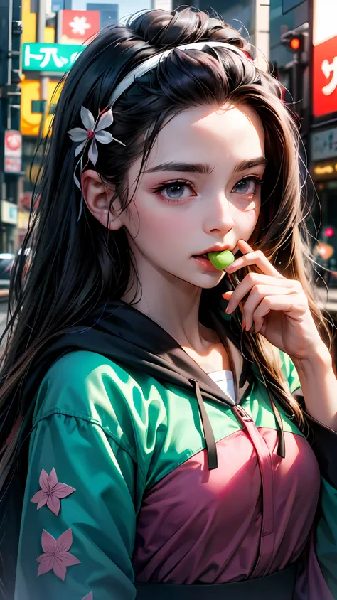 potrait of a nezuko, from kimetsu no yaiba universe, with amazing face, long black hair, chewing gum, cyberpunk style, at the ci...