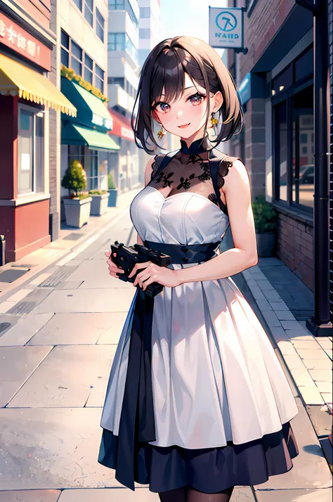 (morning), 1girl, 独奏, looking at viewert，（white dresses：1.2），impeccable，prette，excellent figure，夏天，cowboy shooting，(downtown are...