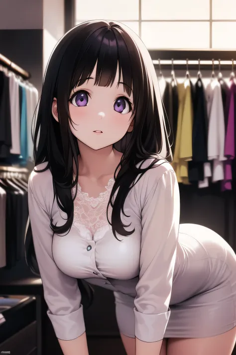 (a superb exquisite chitanda eru), purple eyes, black hair, natural straight hair, straight bangs, solo, ((in a cloth shop)), sh...