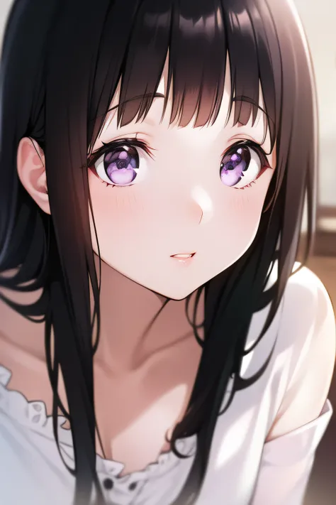 (a superb exquisite chitanda eru), purple eyes, black hair, natural straight hair, straight bangs, solo, ((in a cloth shop)), sh...