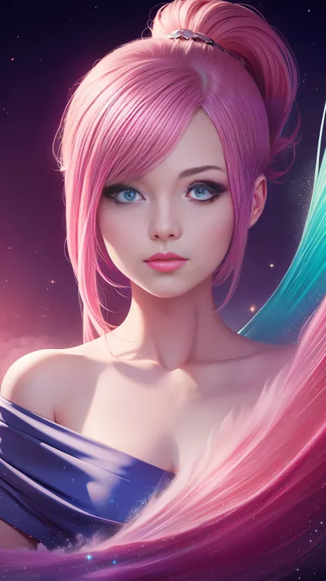 a stunning digital painting of a young girl with pink wave hair and a ponytail, featuring sparkling pink eyes, set against a sur...