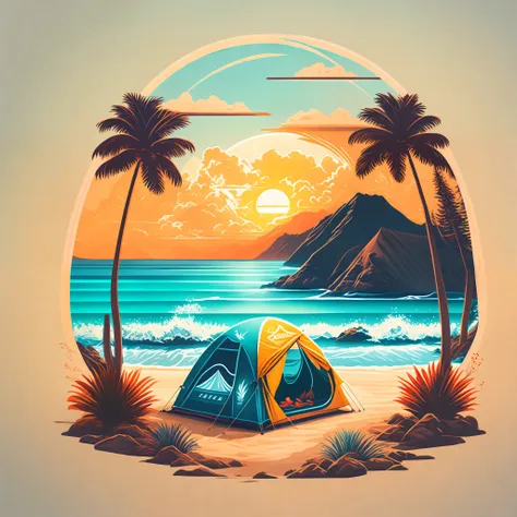 a camping tent in a beach in a summer landscape, t-shirt design, midjourney, vector art, hydro74