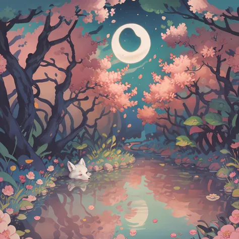 a white fox sleeps by a clear stream in the peach forest，the water reflects the starry sky and the moon