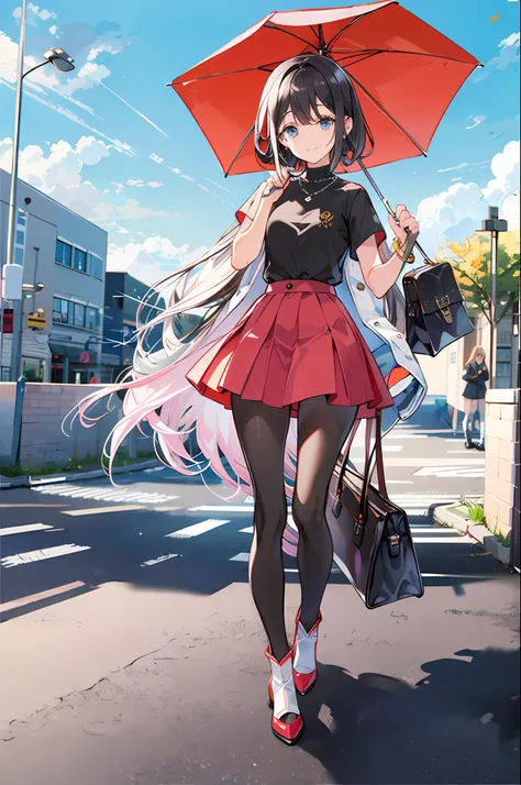 ，（tmasterpiece：1.2，high high quality），（pix：1.4），tiv，
1girll， cleanness， umbrella， a skirt， skysky， 独奏， halter， black hair， exter...