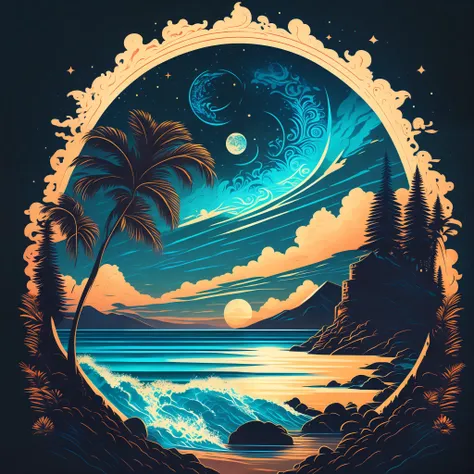 a beach at night, t-shirt design, midjourney, vector art, hydro74