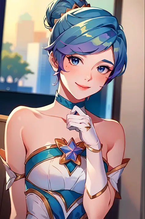 (masterpiece:1.4), (best quality:1.2), star guardian orianna, blue hair, hair bun, ballerina, short dress, white gloves, smile, ...