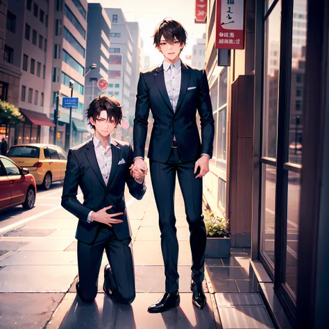 (Morning),(1 country young men:1.2),Handsome,Wear a black jacket,(on one knee:1.2),diamond ring,propose,Diamond ring in hand,(独奏), orthofacial,Cowboy shooting,(downtown area),Cowboy shooting,brunette color hair