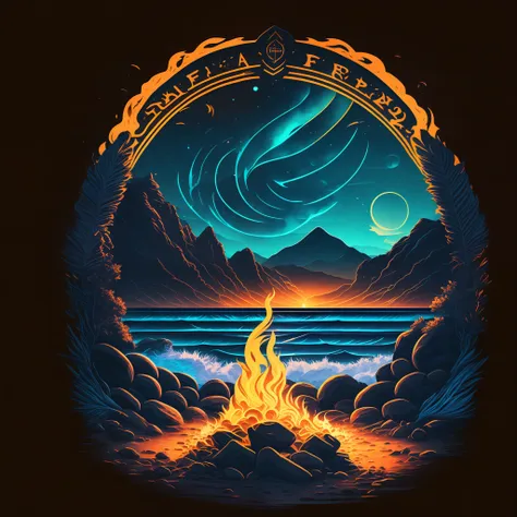 a firepit in a beach at night, t-shirt design, midjourney, vector art, hydro74