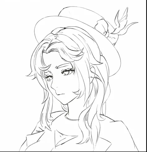 a drawing，A woman with a hat and a bird on her head, clean lineart, perfect lineart, linear art, Simple lines of art, thick lineart, clean anime outlines, Line art!!, Outline sketch, bold lineart, Line sketch, variable lineart, Line sketch!!, thick line ar...