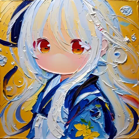 chibi, cute oil , oil painting \(medium\), brushstrokes, 1girl in, rabbit ears, white hair, ear twitching,  komono, long hair, s...