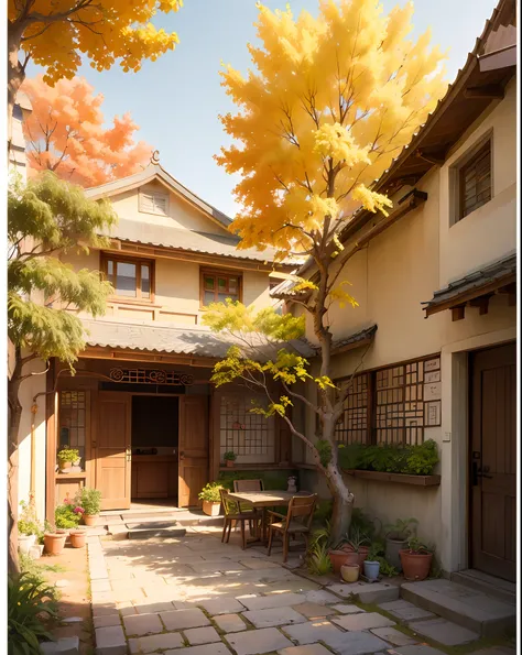 draw a courtyard with tables and chairs and a tree, chinese courtyard, the structure of the house is simple in chinese, warm lat...